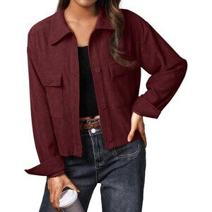 Women's Fashion Cropped Wine Red Shirts Button Down Casual Jacket Coat Tops